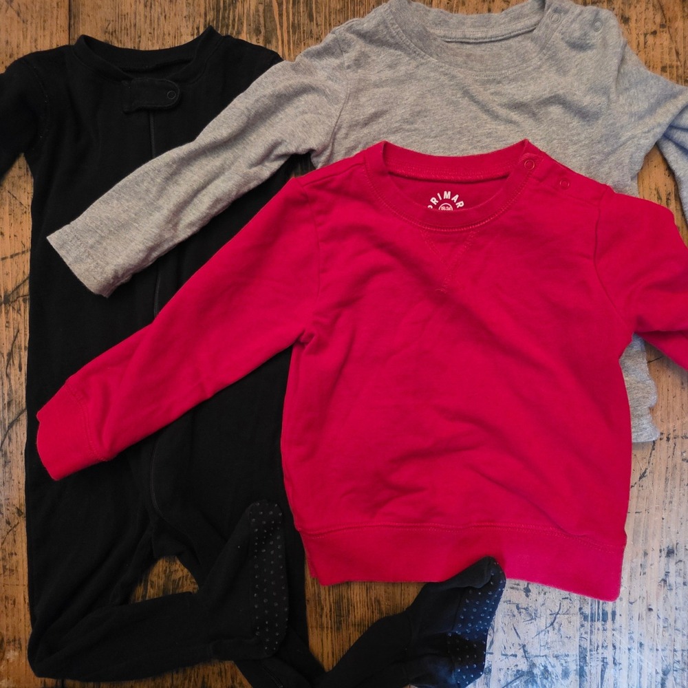 Primary 18-24M Red Black Gray Bundle Sweatshirt Footie Tee Cotton Set